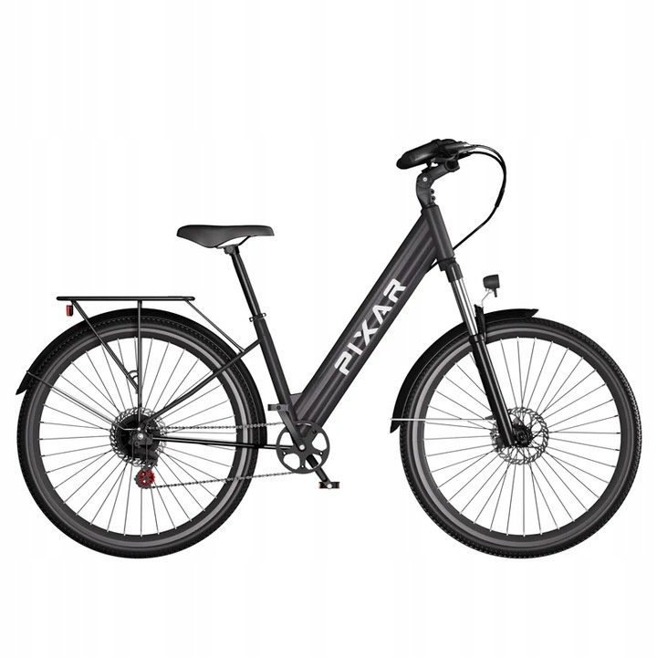 Rower elektryczny PIXAR Cruiser czarny miejski błotniki bagażnik amortyzator